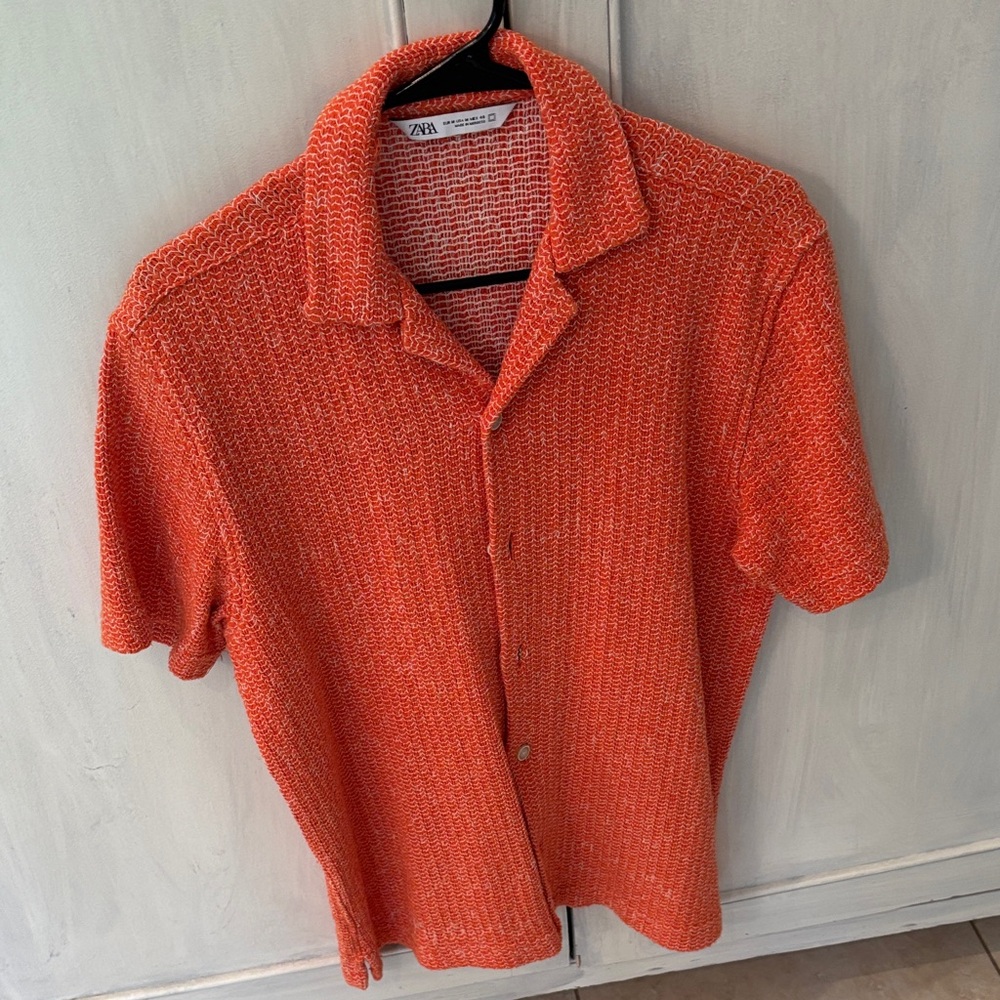 Zara Men's Vibrant Orange Knit Shirt